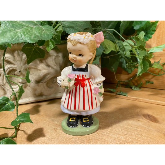 Vintage Little Girl Porcelain Figurine with Red Striped Apron | Swiss Child F-47 | Cottagecore | Midcentury Modern Shelf Decor