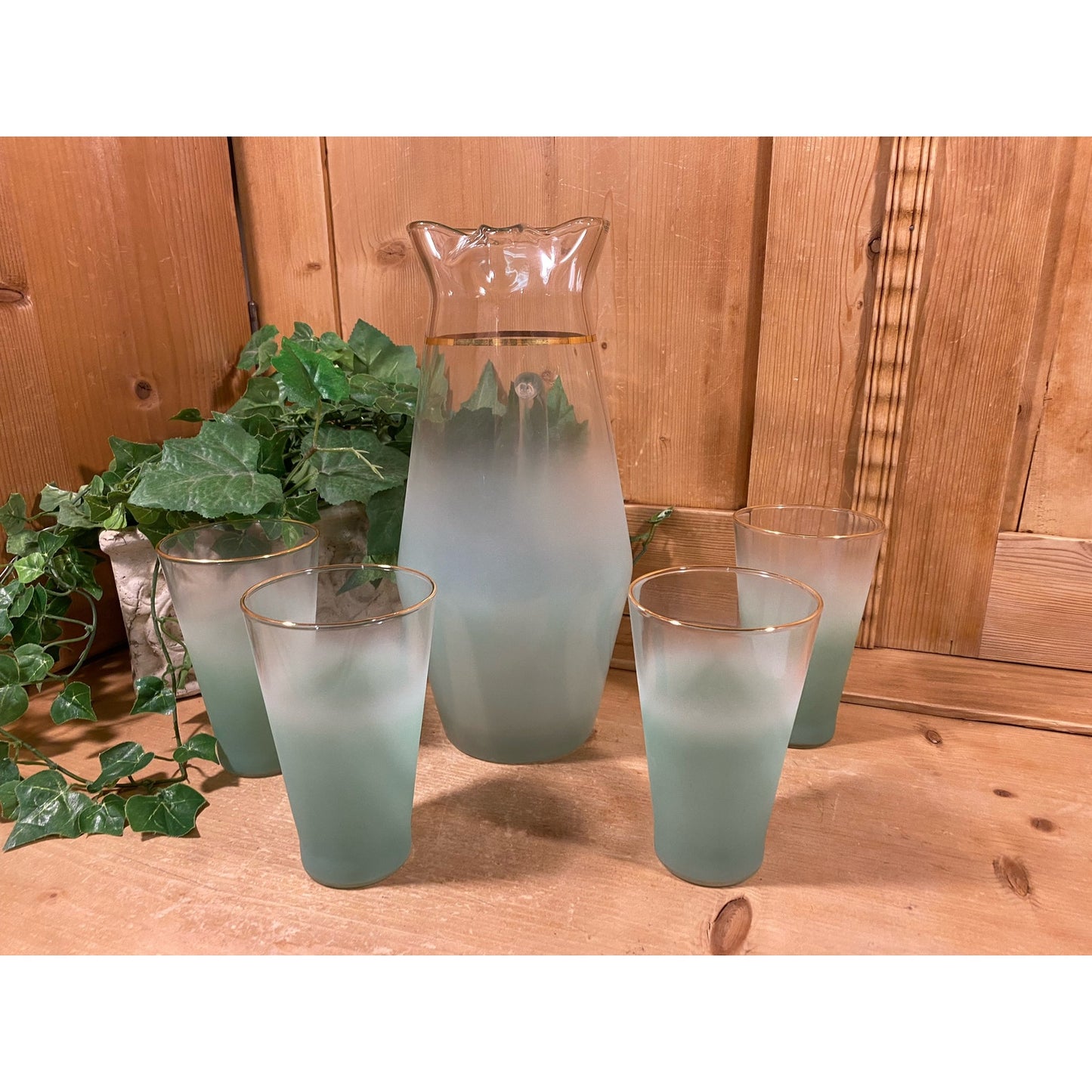 Vintage Blendo Frosted Aqua Blue Glass Pitcher and Tumblers - Set of 5 | Midcentury Modern Drinkware Set | Blendo Pitcher + Glasses