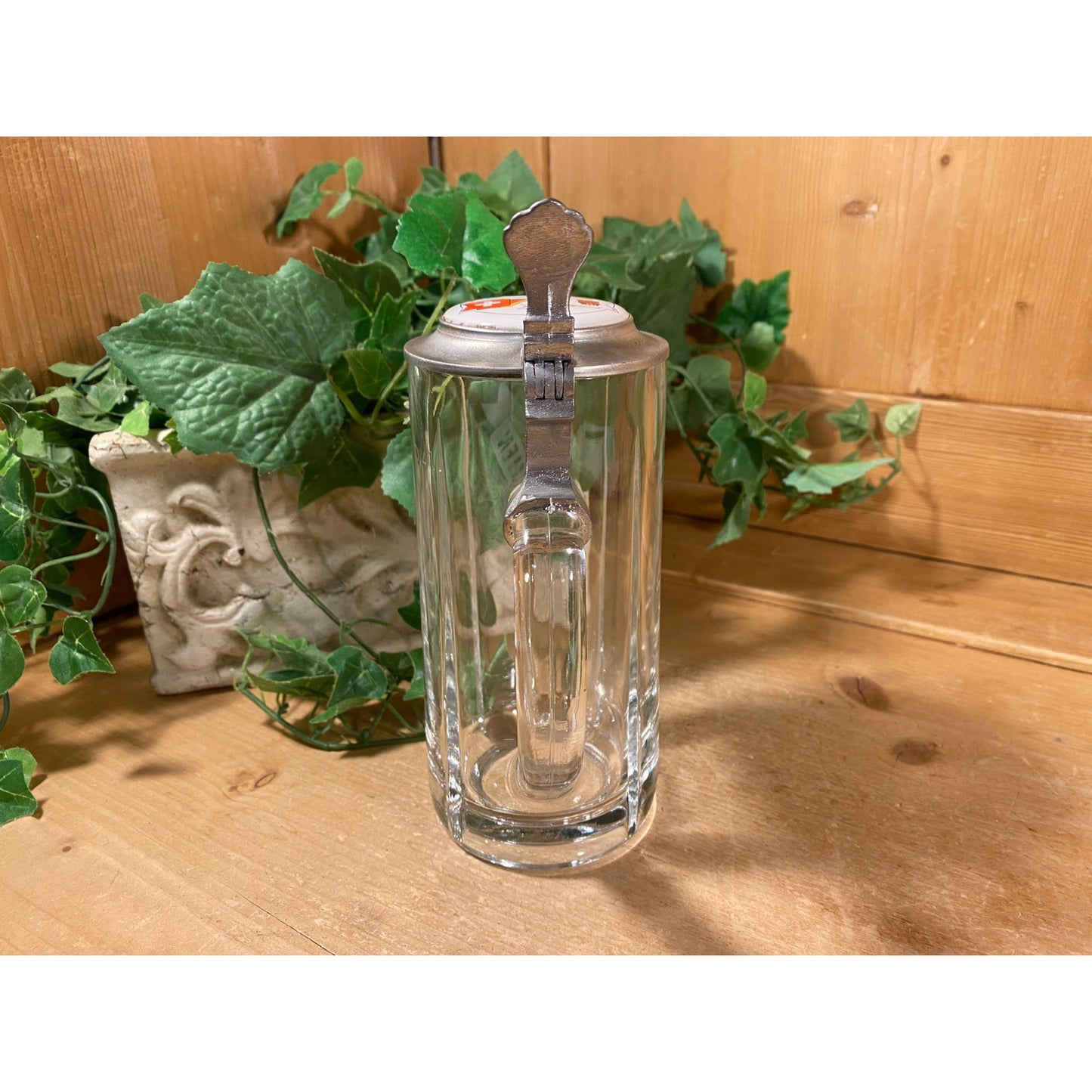 Vintage Feldschlosschen Glass Beer Stein | Swiss Brewery | Glass Beer Mug with Pewter Lid and Handle | Academia | Traditional German Stein