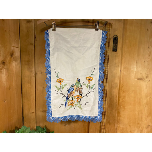 Vintage Embroidered Bluebirds Table Runner with Blue Crocheted Trim | Cottagecore Kitchen | Farmhouse Decor | Embroidered Birds Textile