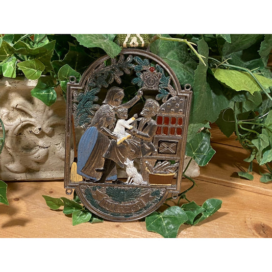 Vintage German Pewter Wall Hanger | "Winter" | Mother, Father, Child, Dog by Fireplace | Cottagecore Wall Decor | Made In West Germany