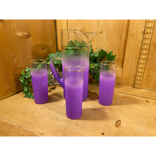 Vintage Blendo Frosted Purple Glass Pitcher and Tumblers - Set of 4 | Midcentury Modern Drinkware Set | Purple Ombre Glass Pitcher + Glasses