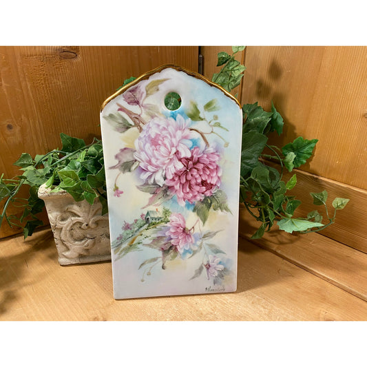 Vintage Porcelain Floral Wall Plaque | White Porcelain Wall Hanging with Pink Flowers and Gold Trim | Shabby Chic Wall Decor | Pink + White