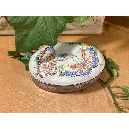 Vintage Hinged White Enamel Trinket Box with Butterflies | Kyckelhahn Imports | Made In China | Cottagecore Decor | Small Oval Jewelry Box
