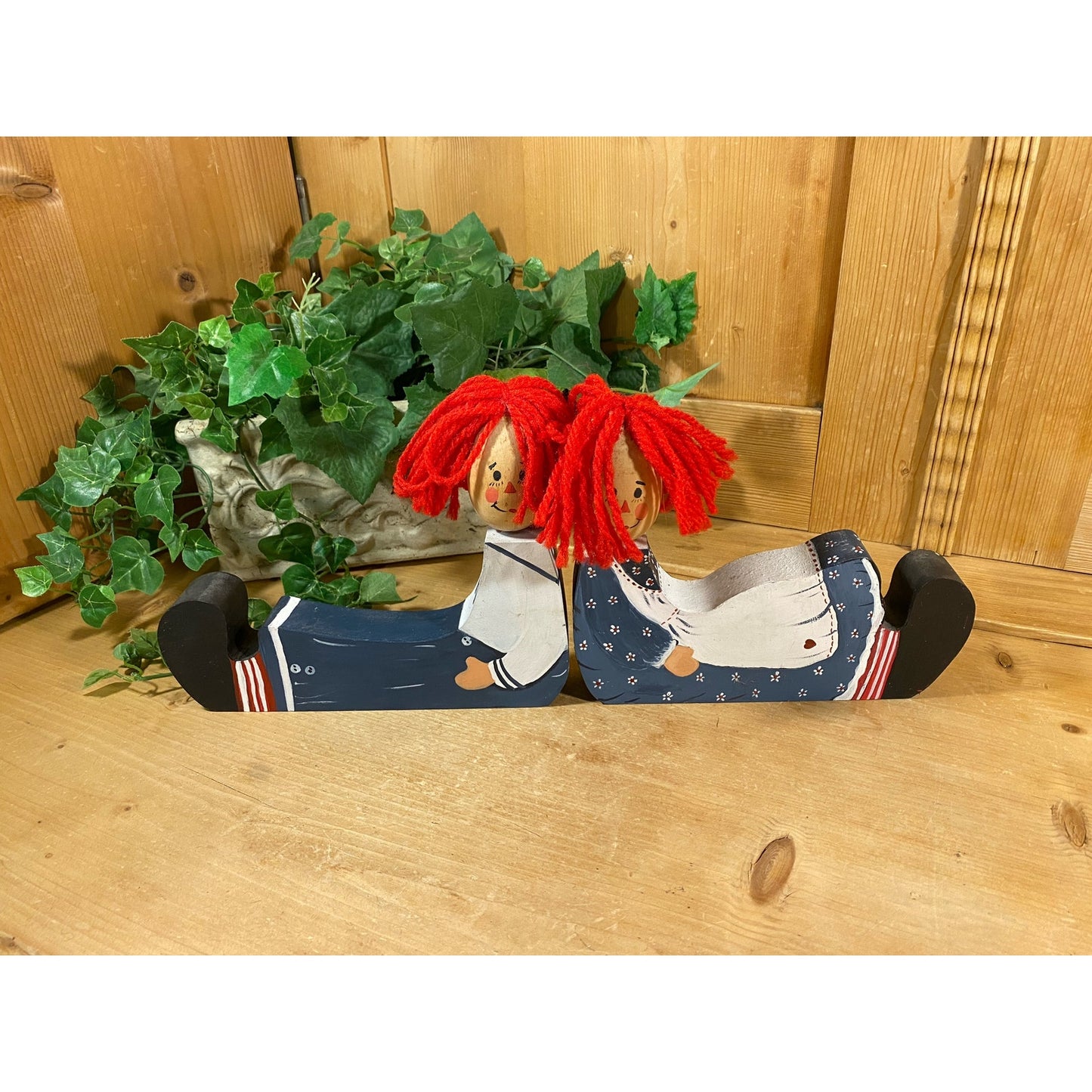 Vintage Raggedy Ann and Raggedy Andy Wooden Shelf Sitters with Yarn Hair - Set of 2 | Nursery Decor | Raggedy Ann & Andy Wood Doll Bookends