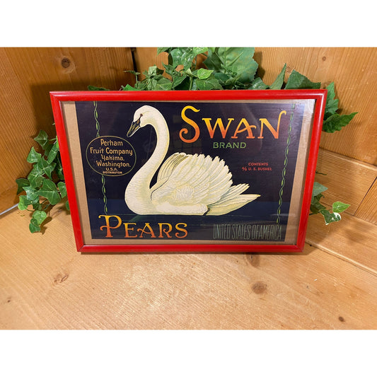 Vintage Framed Fruit Crate Label | Swan Brand Pears | Vintage Framed Fruit Crate Label | Advertising Artwork | Farmhouse Kitchen Wall Decor