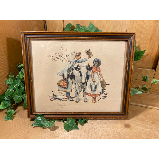 Vintage Norman Rockwell Framed Print | Peddler and Milk Maid | Framed Farmhouse Wall Decor | Norman Rockwell Art Print | Peddler, Girl, Cow