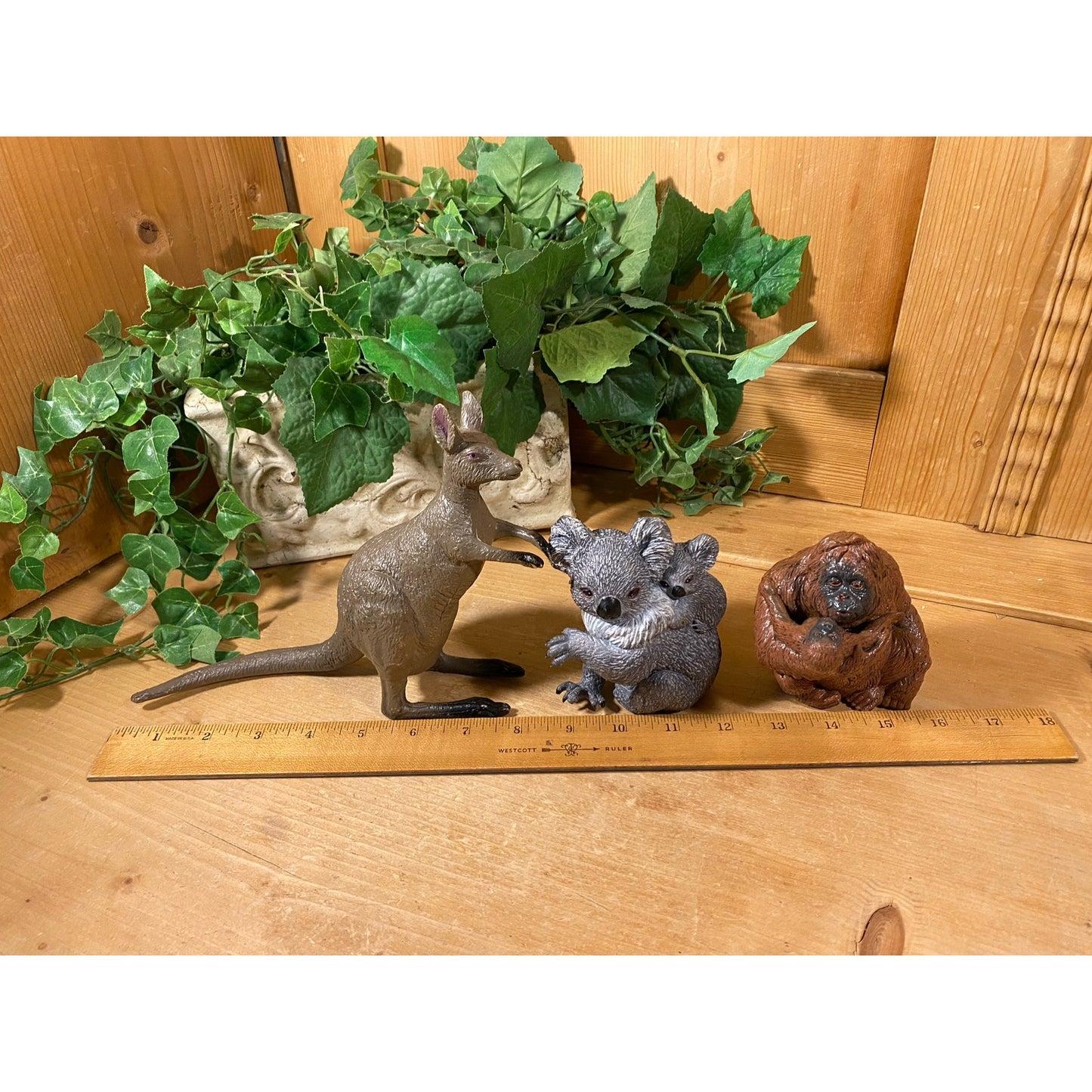 Vintage Realistic Heavy Molded Plastic Animals - Set of Four | Black Panther, Kangaroo, Koala Bear with Baby, Chimpanzee with Baby | Toys