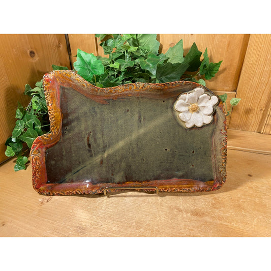 Vintage Handmade Freeform Pottery Tray | LOV Pottery | Handmade In Mississippi | Decorative Ceramic Tray with Flower | Boho Table Decor