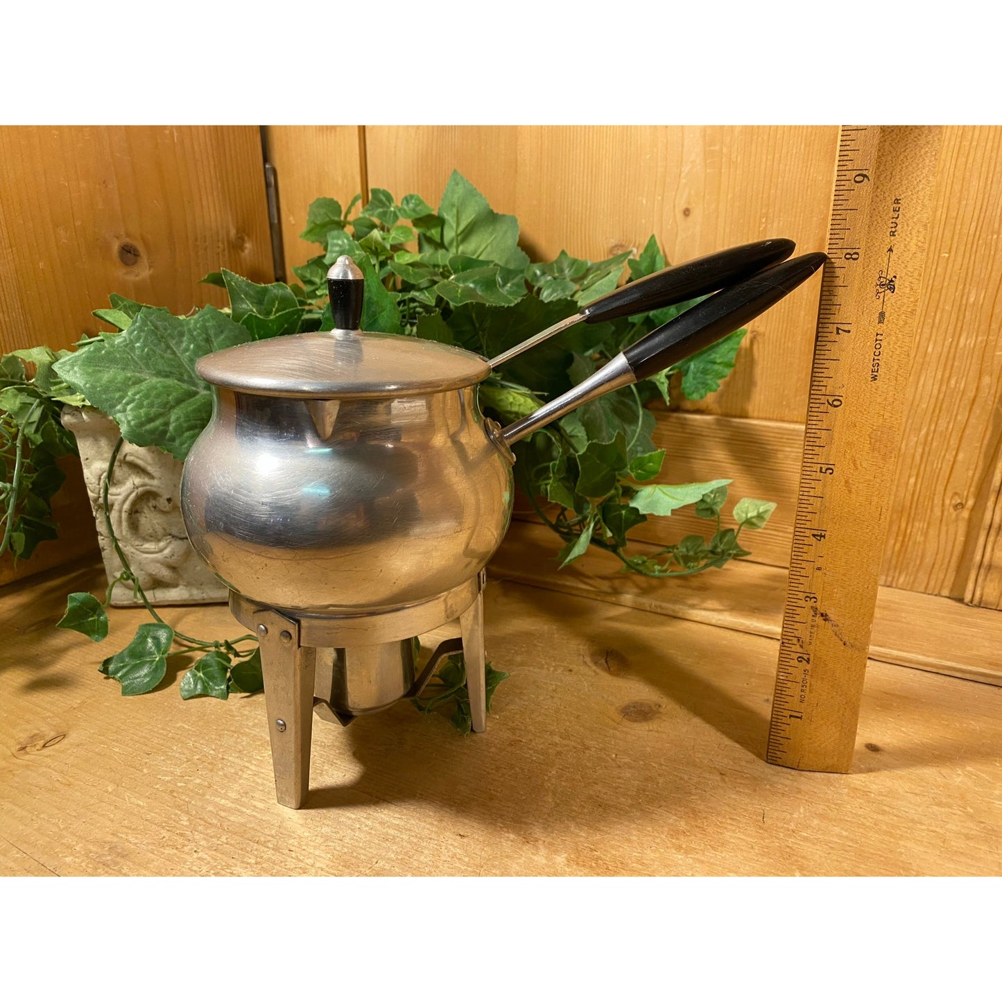 Vintage Aluminum Warming Pan 3 pc. Set | Fondue, Sauce, Milk | Spain | Pot, Base, Ladle | Aluminum + Black Bakelite | Midcentury Modern