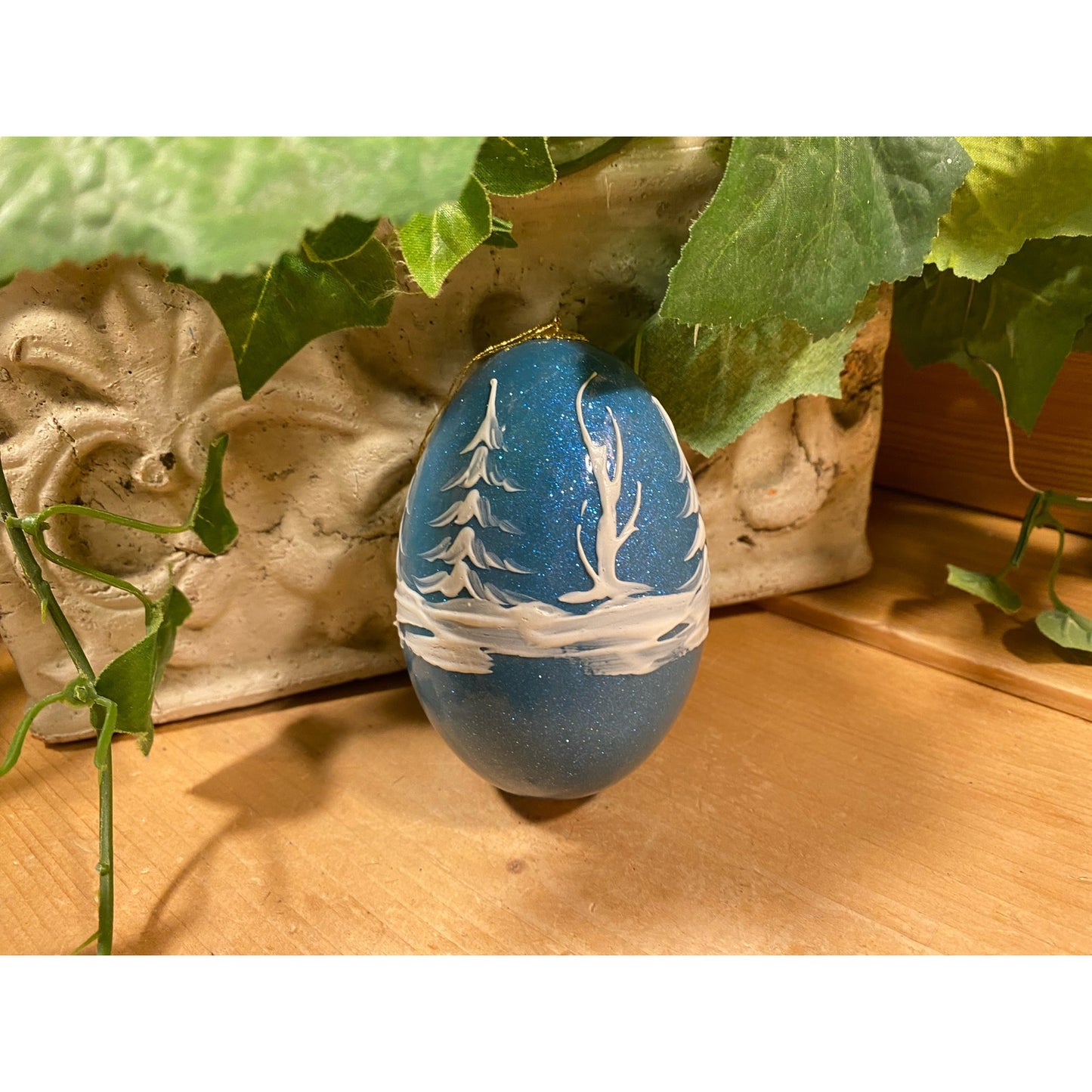Vintage Handpainted Real Eggshell Ornament | Victorian Sleigh | Eggsquisite Egg | Blue Christmas Egg | Painted Chicken Egg Signed by Emily