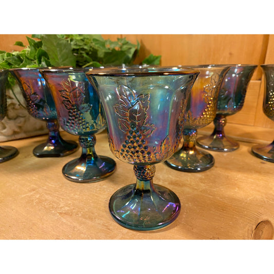 Vintage Harvest Grape Blue Carnival Glass Water Goblets - Set of 8 | Indiana Glass Co. | Midcentury Modern Table Decor | Iridescent Glass