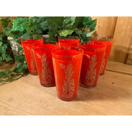 Vintage Red Thai Princess Glasses - Set of 6 | Culver | Midcentury Modern Drinking Glasses (D) | Thai Goddess | Academia | Goddess Glasses