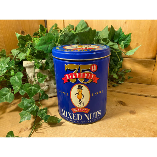 Vintage Mr. Peanut Tin | 75th Birtday | 1991 | Blue Mr. Peanut Tin | Retro Farmhouse Kitchen Shelf Decor | Round Collectible Peanut Tin
