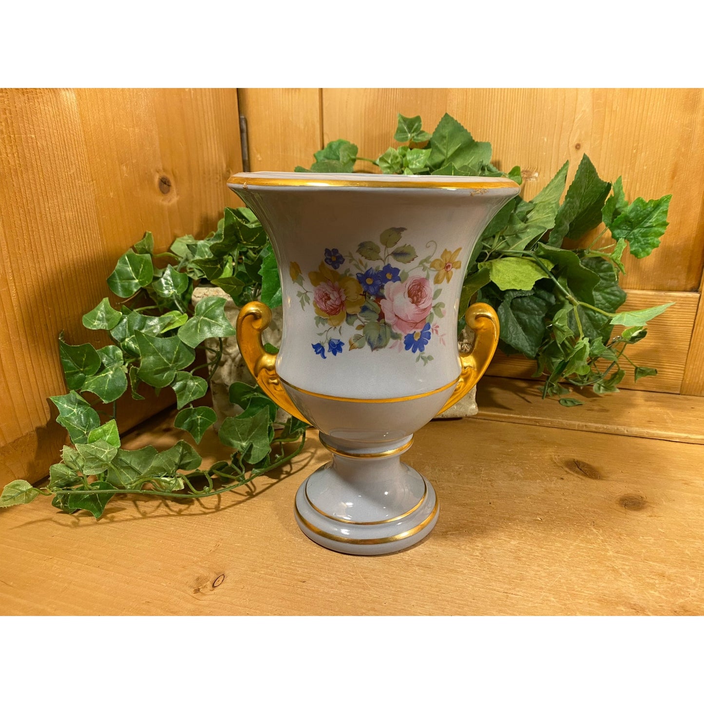 Vintage Light Blue + Pink Floral Urn Vase with Gold Trim | Princeton China Pottery | Victorian Flower Vase with Two Handles | Shabby Chic