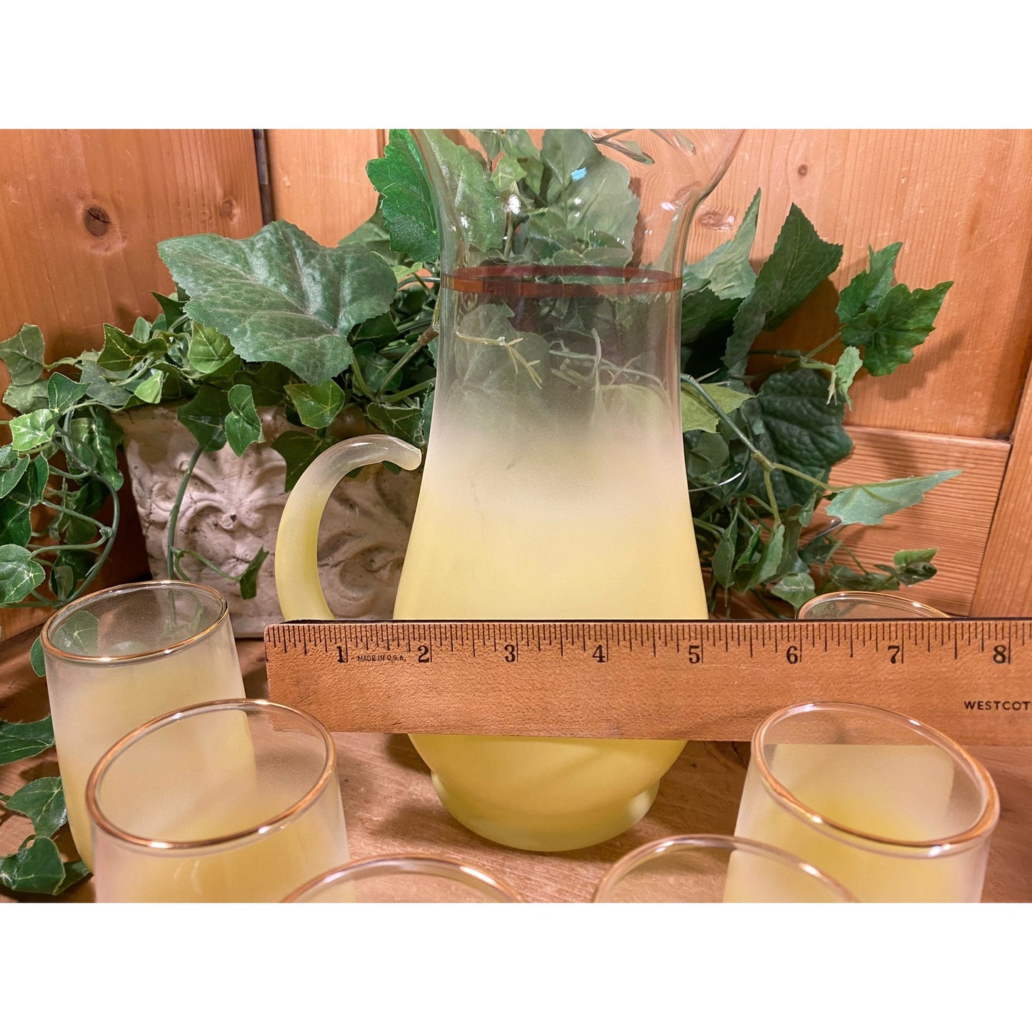 Vintage Blendo Frosted Yellow Glass Pitcher and Tumblers - Set of 7 | Midcentury Modern Drinkware Set | Blendo Pitcher + Glasses