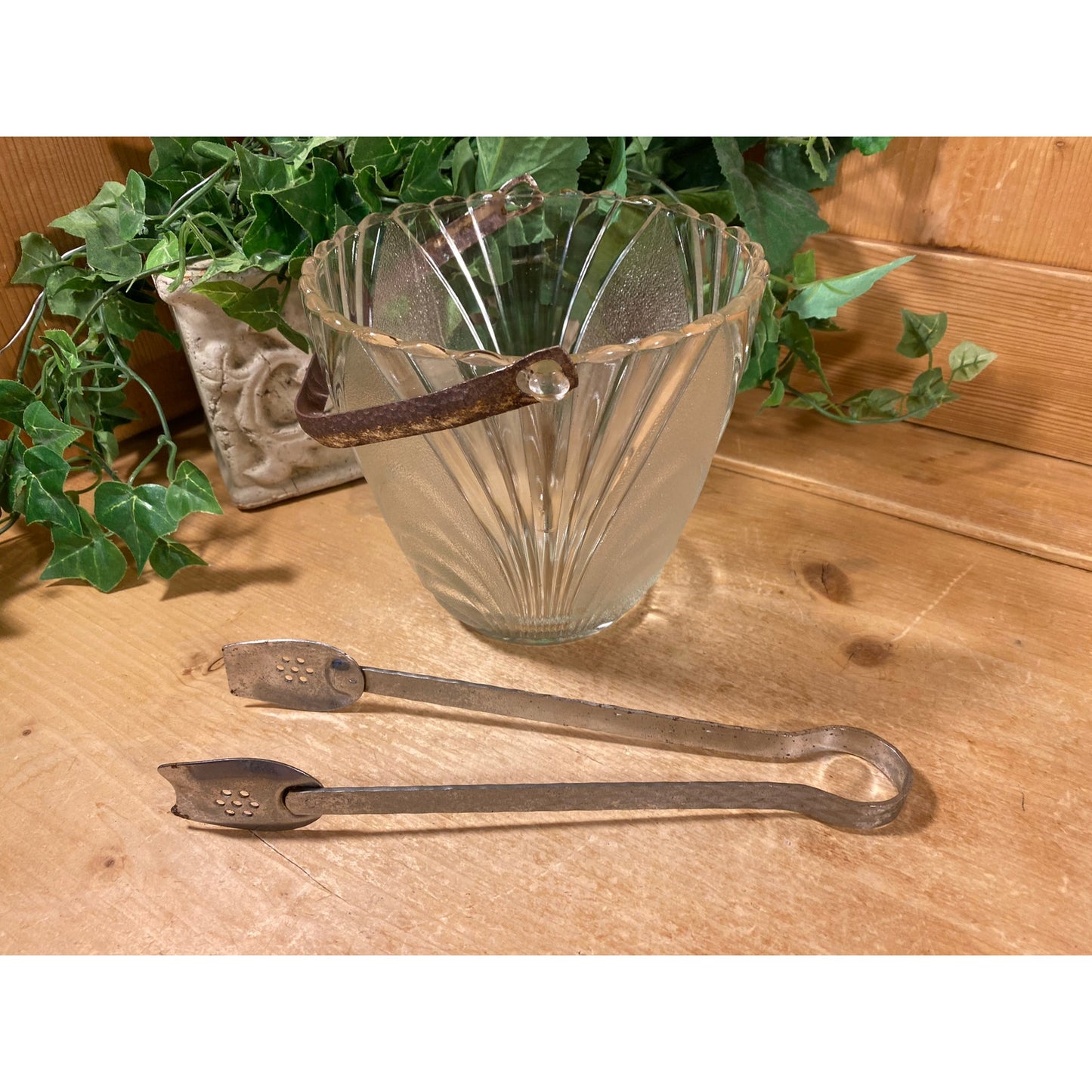 Vintage Frosted Glass Ice Bucket with Metal Handle + Tongs | Wine Chiller | MCM | Champagne | Art Deco Bucket | Midcentury Modern Barware