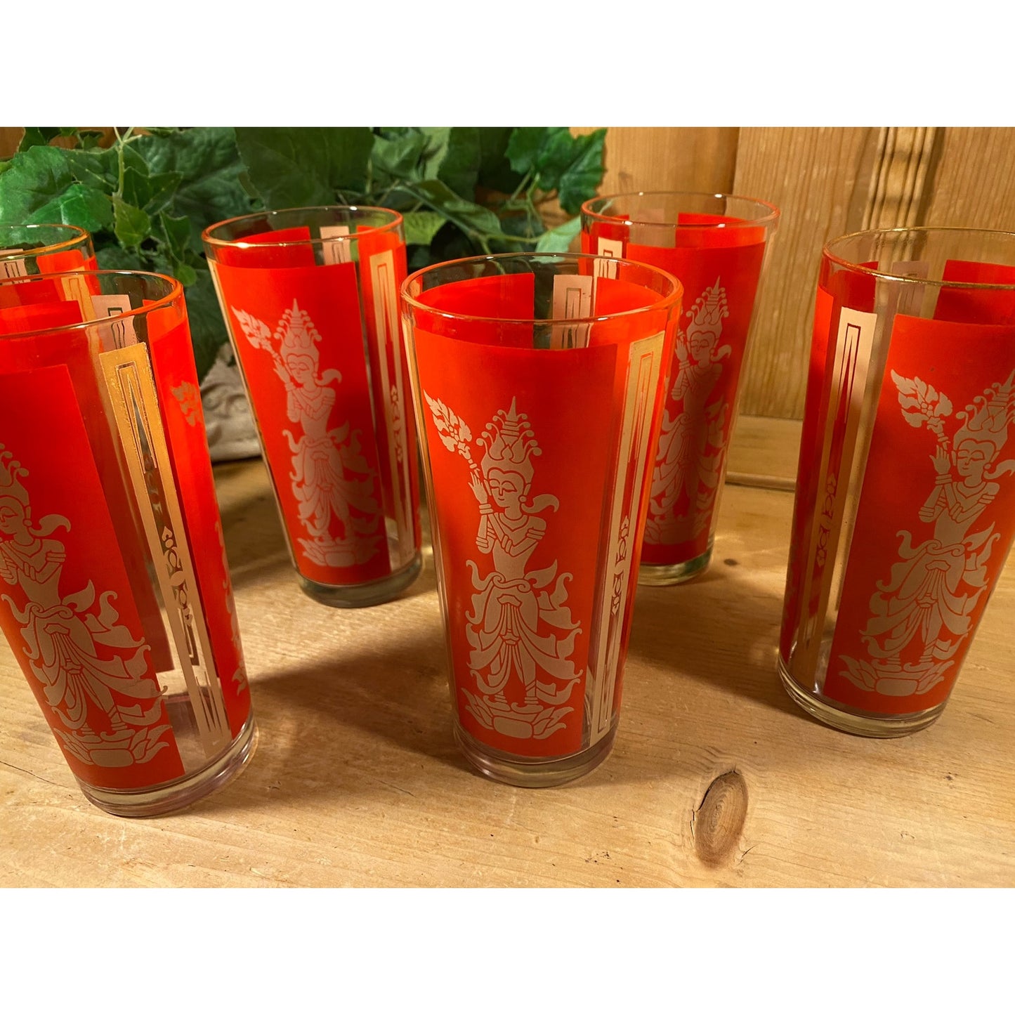 Vintage Red Thai Princess Glasses - Set of 6 | Culver | Midcentury Modern Drinking Glasses (A) | Thai Goddess | Academia | Hollywood Regency