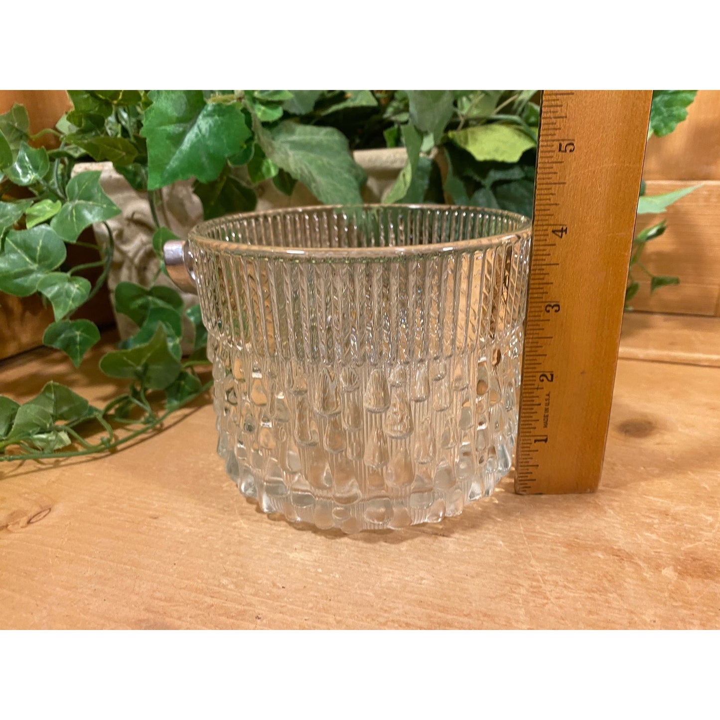 Vintage Round Clear Glass Ice Bucket with Metal Handle | Teleflora | Wine Chiller | MCM | Champagne Bucket | Ice Pail | Midcentury Modern