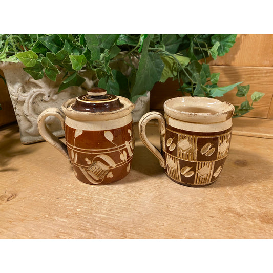 Vintage Rustic Pottery Sugar Bowl and Creamer - Set of 2 | Brown and White | Farmhouse Decor | Boho Sugar Bowl with Lid + Cream Pitcher