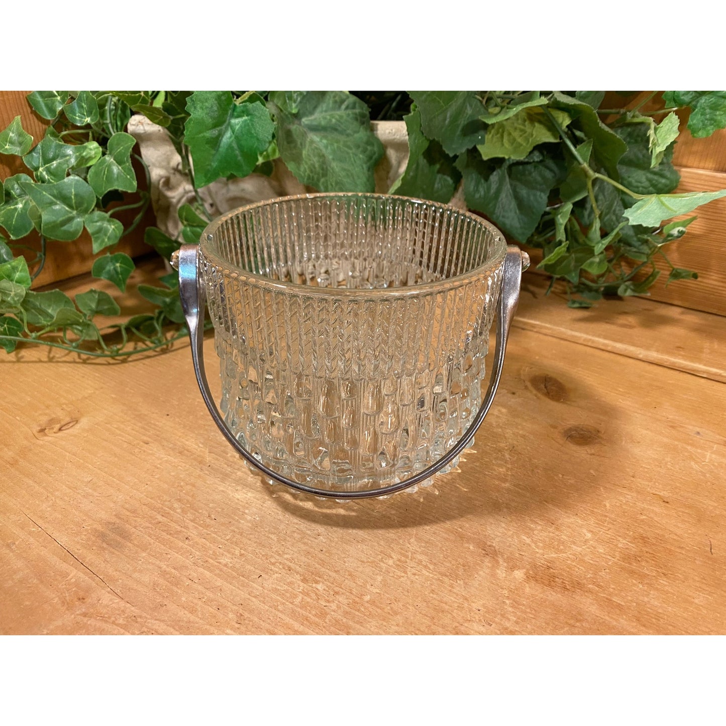 Vintage Round Clear Glass Ice Bucket with Metal Handle | Teleflora | Wine Chiller | MCM | Champagne Bucket | Ice Pail | Midcentury Modern