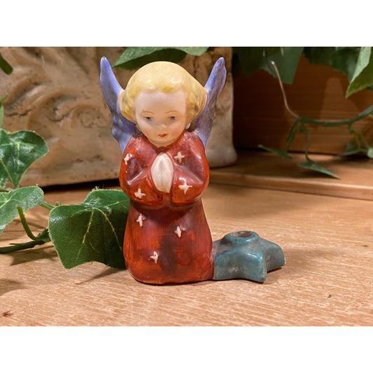 Vintage Praying Angel Candleholder Figurine | Ceramic Angel Figurine with Red Dress and Blue Wings | Midcentury Modern Christmas Table Decor