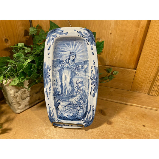 Vintage Italian Blue/White Majolica Wall Niche Tile with Virgin Mary | Stella | Hand-painted Recessed Tile | White/Blue Ceramic Art Piece