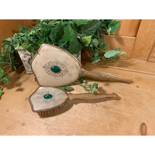 Vintage Victorian Vanity Set | Handheld Brush + Mirror Set | Ornate Metal Brush and Mirror with Faux Green Stone | Shabby Chic Vanity Decor