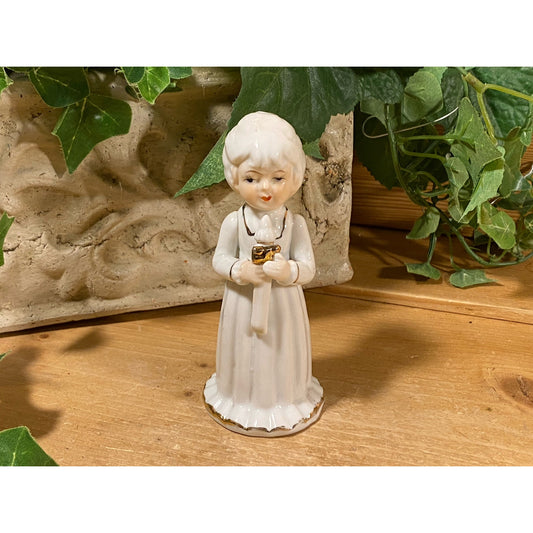 Vintage Porcelain Lady Figurine with A Candle | Woman In White with Gold Trim | Christmas Figurine | Midcentury Modern Holiday Shelf Decor