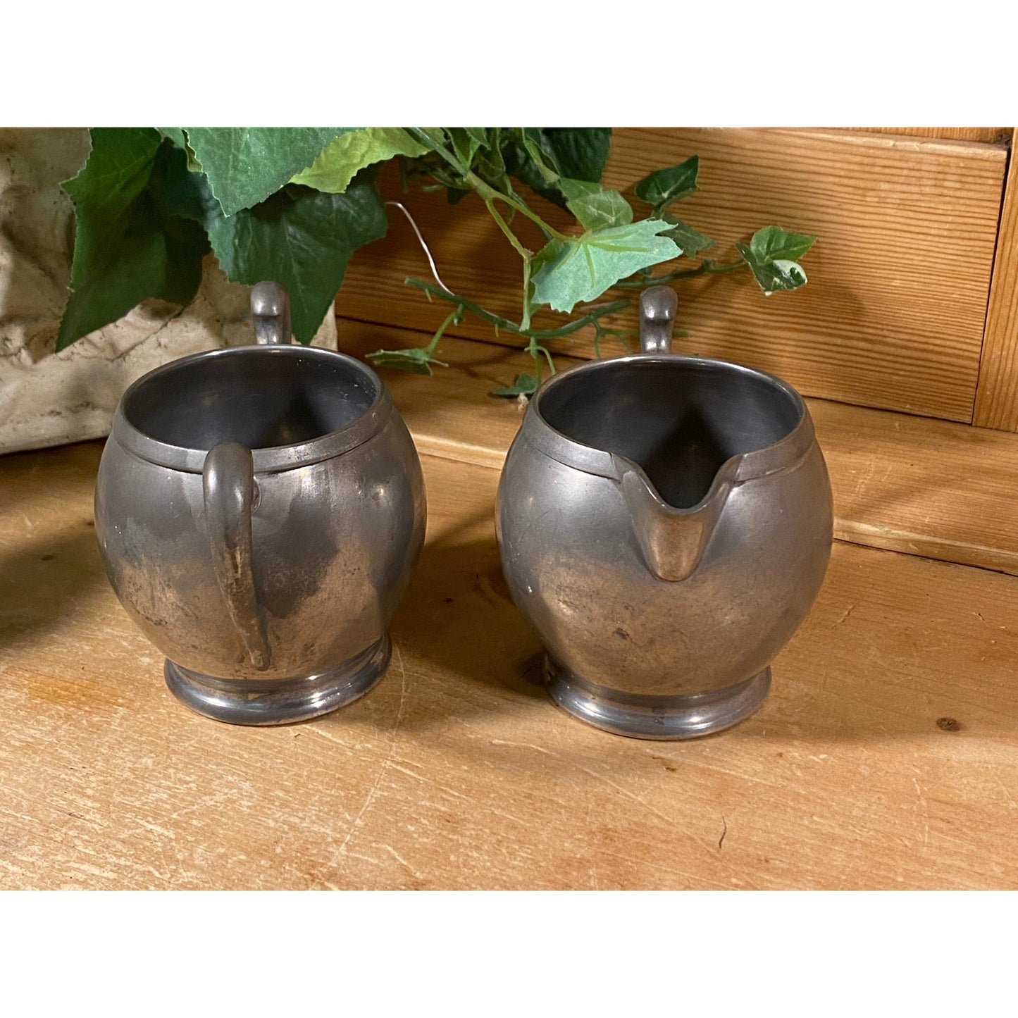 Vintage Pilgrim Pewter Sugar Bowl and Creamer - Set of 2 | Academia | Metal Sugar Bowl + Cream Pitcher | Cream and Sugar Set | Victorian