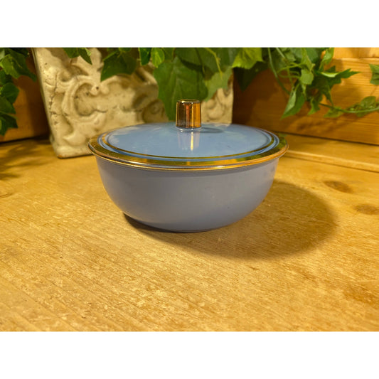 Vintage Blue Glass Powder Dish with Lid | Blue Opaline Glass Trinket Bowl with Gold Trim | Art Deco Vanity Decor | Midcentury Modern Decor