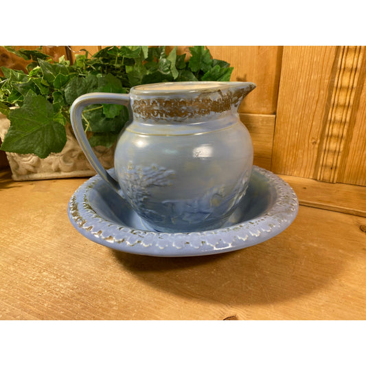Vintage Blue Pottery Water Pitcher + Basin | Marian's Ceramics | Hollywood, FL | Cottagecore | Blue Pottery Washstand Pitcher and Bowl