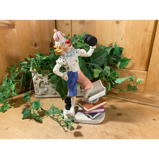 Vintage Ceramic Clown Figurine with Books and Barbells | Happy Hobo Clown Figurine Lifting Weights | Midcentury Modern Shelf Decor | Clowns