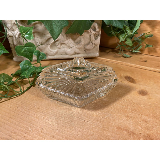 Vintage Diamond Shaped Cut Glass Trinket Dish with Cover | Academia | Midcentury Modern Table Decor | Lidded Clear Cut Glass Trinket Dish