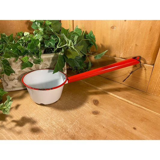 Vintage White and Red Enamel Long-Handled Sauce Pan  | Small White Metal Pot with Red Trim | Rustic Farmhouse Kitchen Decor | Enamelware