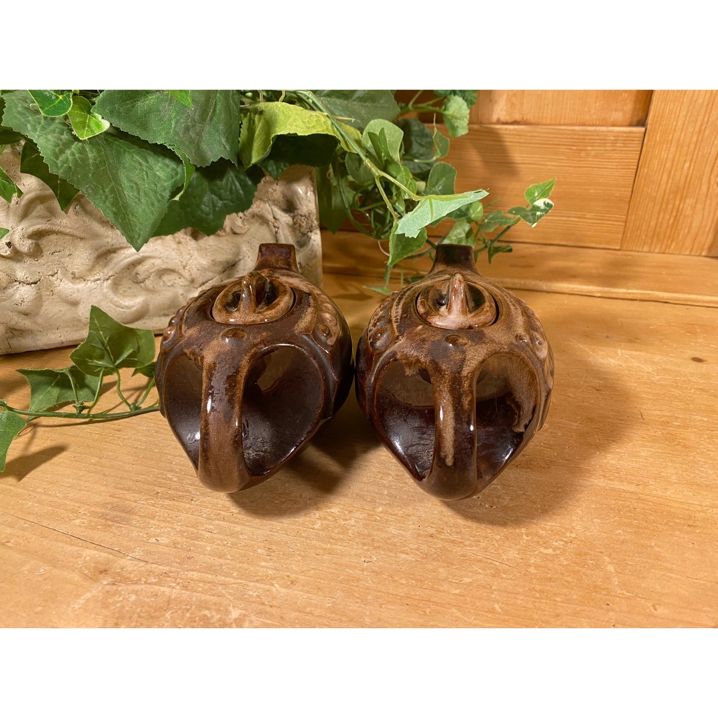 Vintage Brown Drip Ceramic Teapots - Set of 2 | Aladdin / Genie Teapot | Pair of Brown Pottery Teapots | Boho Kitchen Decor | Bohemian Decor