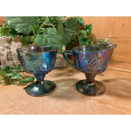 Vintage Harvest Grape Blue Carnival Glass Cream + Sugar Set | Indiana Glass | Shabby Chic | Iridescent Glass Cream Pitcher and Sugar Bowl