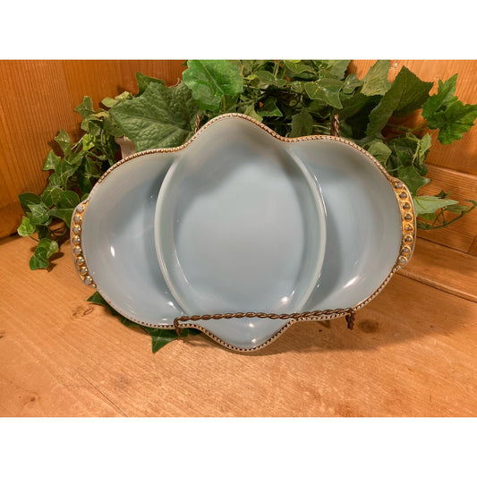 Vintage Blue Fire King Divided Serving Dish with Gold Trim | Midcentury Modern Table Decor | Cottagecore Ceramic Serving Dish | Midcentury