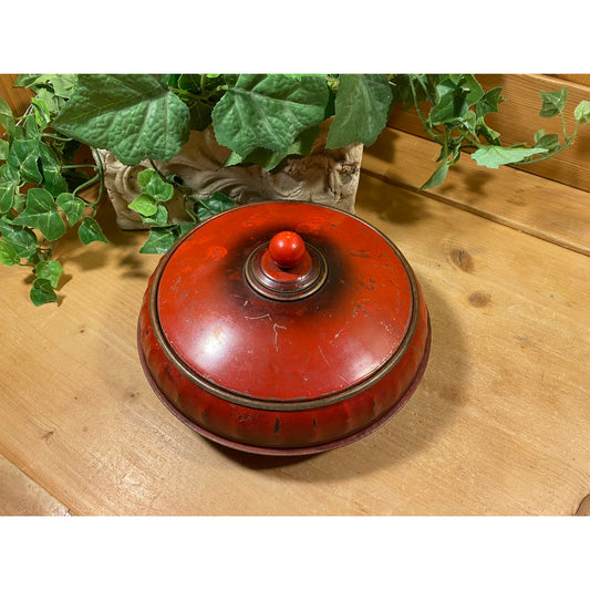 Vintage Cinnabar Red Metal Sewing Kit - 3 pc. Set | Round Metal Container with Lid and Interior Tray | Exel Mfg. | Midcentury Modern Decor
